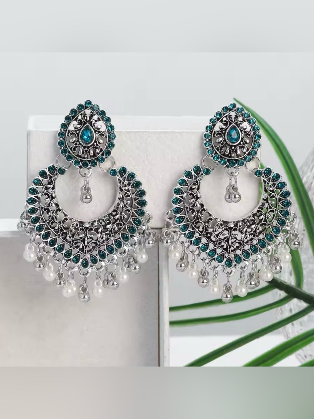 Teardrop Silver-Tone Chandbali tassel Earrings with Emerald Green /black crystal